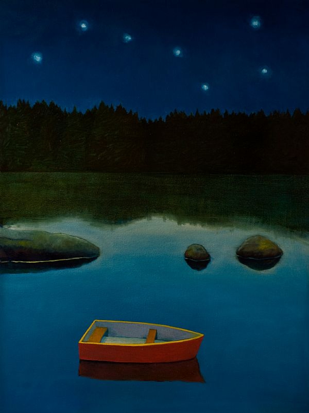 oil on linen 36'x48''
This painting was done after a trip to Isle Royale, remembering the sense of peace and quiet under the stars.  It was used for the cover of the book, Naked in the Stream: The Isle Royale Stories.

private collection
