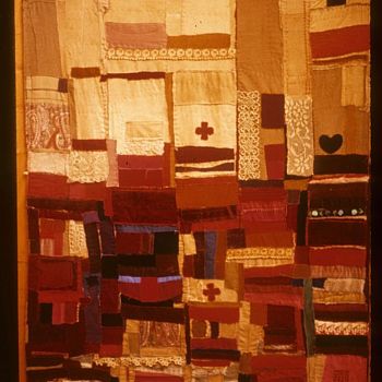 The earliest attempt at stitchery, inspired by the women of Bangladesh in the 19th century, who believed their stitching together of old fabrics helped to heal the soul of the world.
The title is from a French song about beggars marching.
This piece burned in our house fire in 1977.