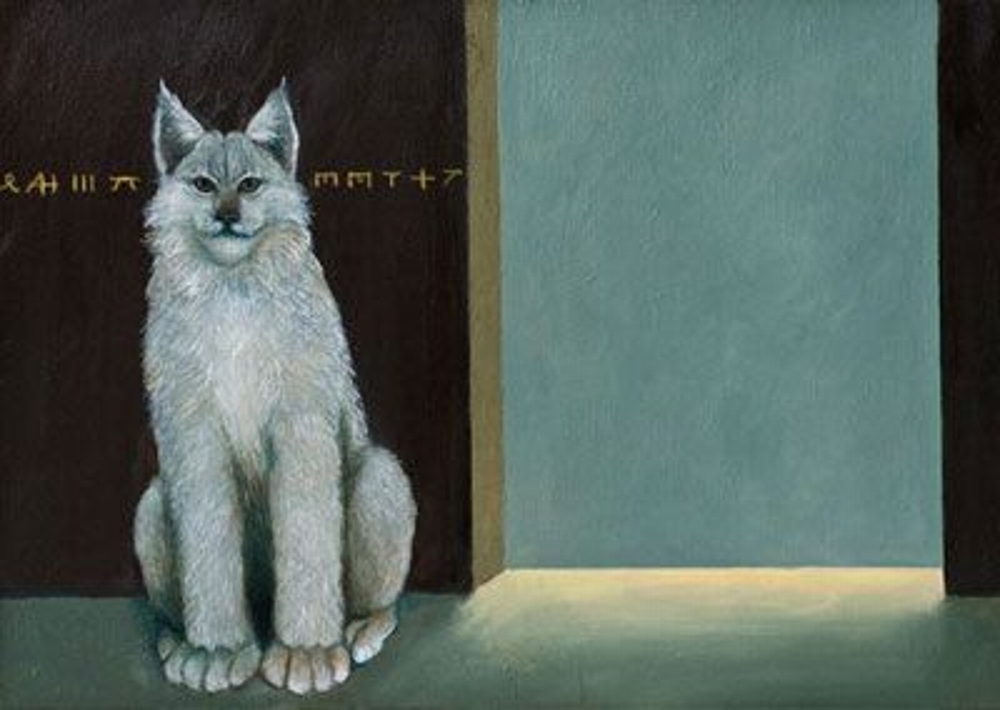 oil on linen 34''x24''
The lynx is an endangered animal who lives in the north.  He is hiding in a safe place.  The symbols on the wall are protective runes.
I like his feet.

This painting is in the permanent collection of Northern Michigan University.