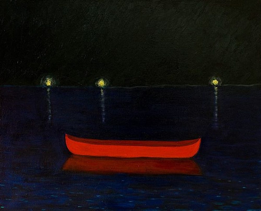 oil on linen 24''x30''
sold
Based on drawings done for the Isle Royale book.  I like the feeling of being alone, offshore in the dark, with lights showing the way back.

private collection
