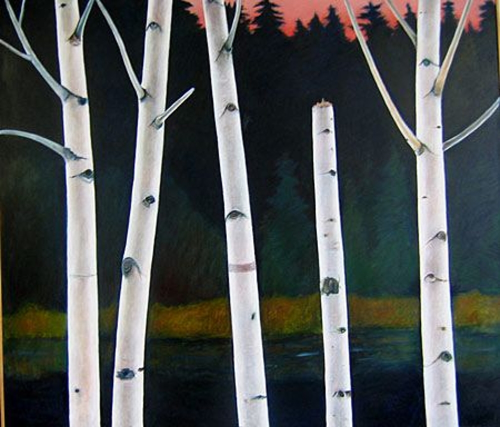 oil on linen 30''x40''This painting is the last of a series of birch trees done very quickly, in response to the rhythms the trees make in relation to each other.

This painting is a part of the collection of Finlandia University.
