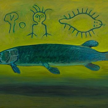 oil on panel  39''x25'' 

The pike swims along near magic symbols.  I found these images on Vancouver Island near an old Finnish settlement...they were made by native people long before the Finns arrived.

private collection