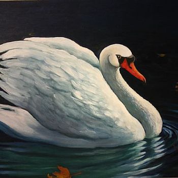 oil on panel 24x36''   

The swan floats around on the river of death, Tuonela, guarding the passage.  Lemminkainen is sent to shoot her but is killed instead.

private collection