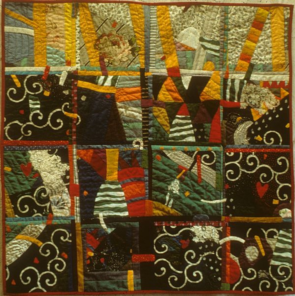 fabric scraps, quilting, about 40x40' 
 
An older work done when I was active in the Women's Movement.  Starting as a landscape, I cut it into pieces and rearranged it, connecting pieces with little 'bridges.'  I did many quilts during this time, also major research on the connections between women's history and their quilt patterns in Knox County, Ohio.

Now in the collection of Birgitta Ralston, Cambridge, Massachusetts.

