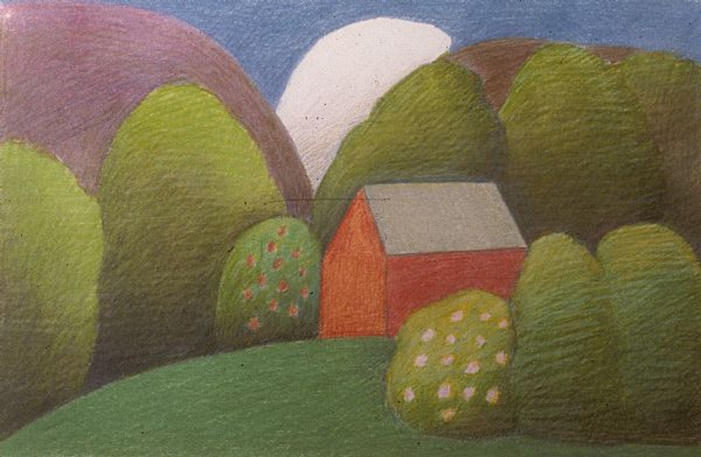 color pencils, about 9x12''

A very early work done right after our house burned when we living in a borrowed place feeling homeless.

Because I recently had a request for card of this one, I re-drew it and am having cards made, 4x6"